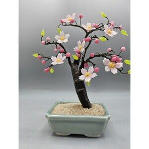 Vtg Chinese Glass Stone Jade Cherry Blossom Bonsai Tree Pink Flowers Wire  Green